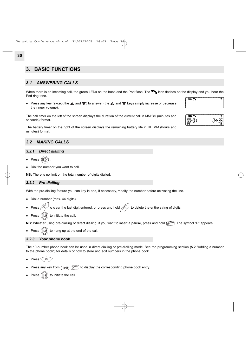 Basic functions, 1 answering calls, 2 making calls | Alcatel Carrier Internetworking Solutions Versatis Conference Phone User Manual | Page 30 / 144