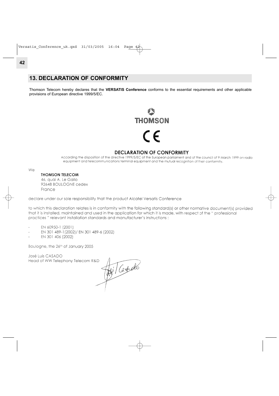 Declaration of conformity | Alcatel Carrier Internetworking Solutions Versatis Conference Phone User Manual | Page 42 / 144