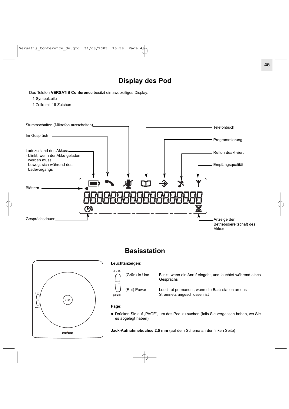 Display des pod, Basisstation | Alcatel Carrier Internetworking Solutions Versatis Conference Phone User Manual | Page 45 / 144