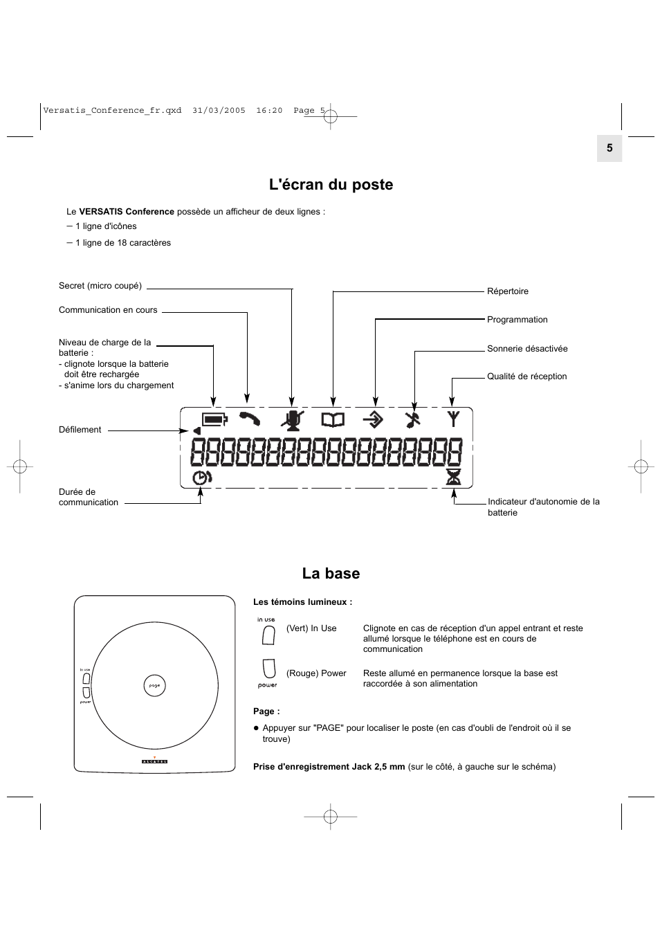 L'écran du poste, La base | Alcatel Carrier Internetworking Solutions Versatis Conference Phone User Manual | Page 5 / 144