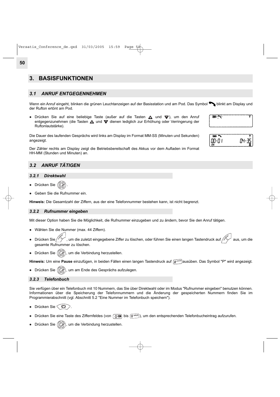 Basisfunktionen, 1 anruf entgegennehmen, 2 anruf tätigen | Alcatel Carrier Internetworking Solutions Versatis Conference Phone User Manual | Page 50 / 144