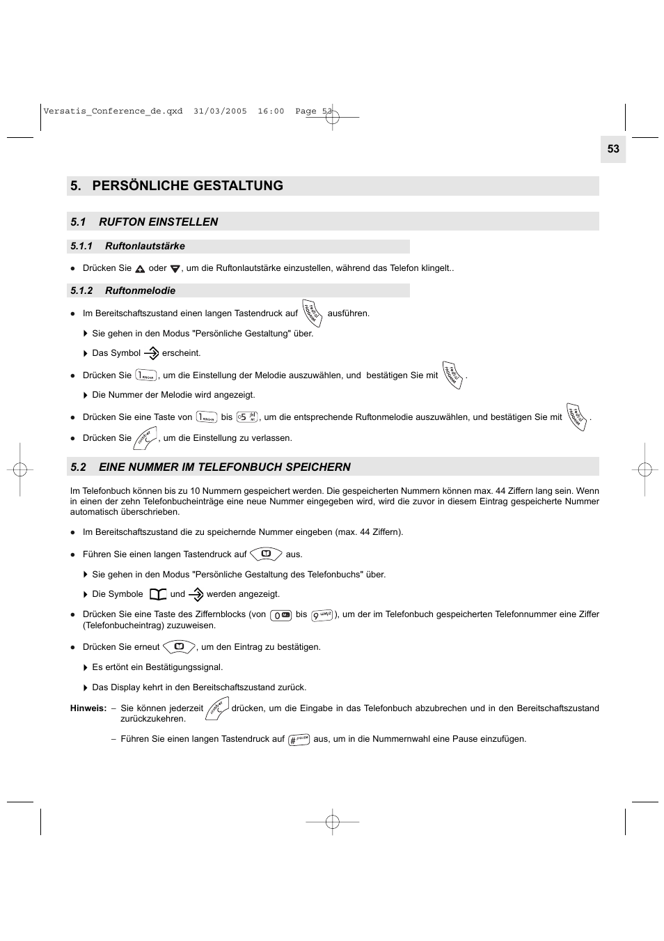 Persönliche gestaltung, 1 rufton einstellen, 2 eine nummer im telefonbuch speichern | Alcatel Carrier Internetworking Solutions Versatis Conference Phone User Manual | Page 53 / 144