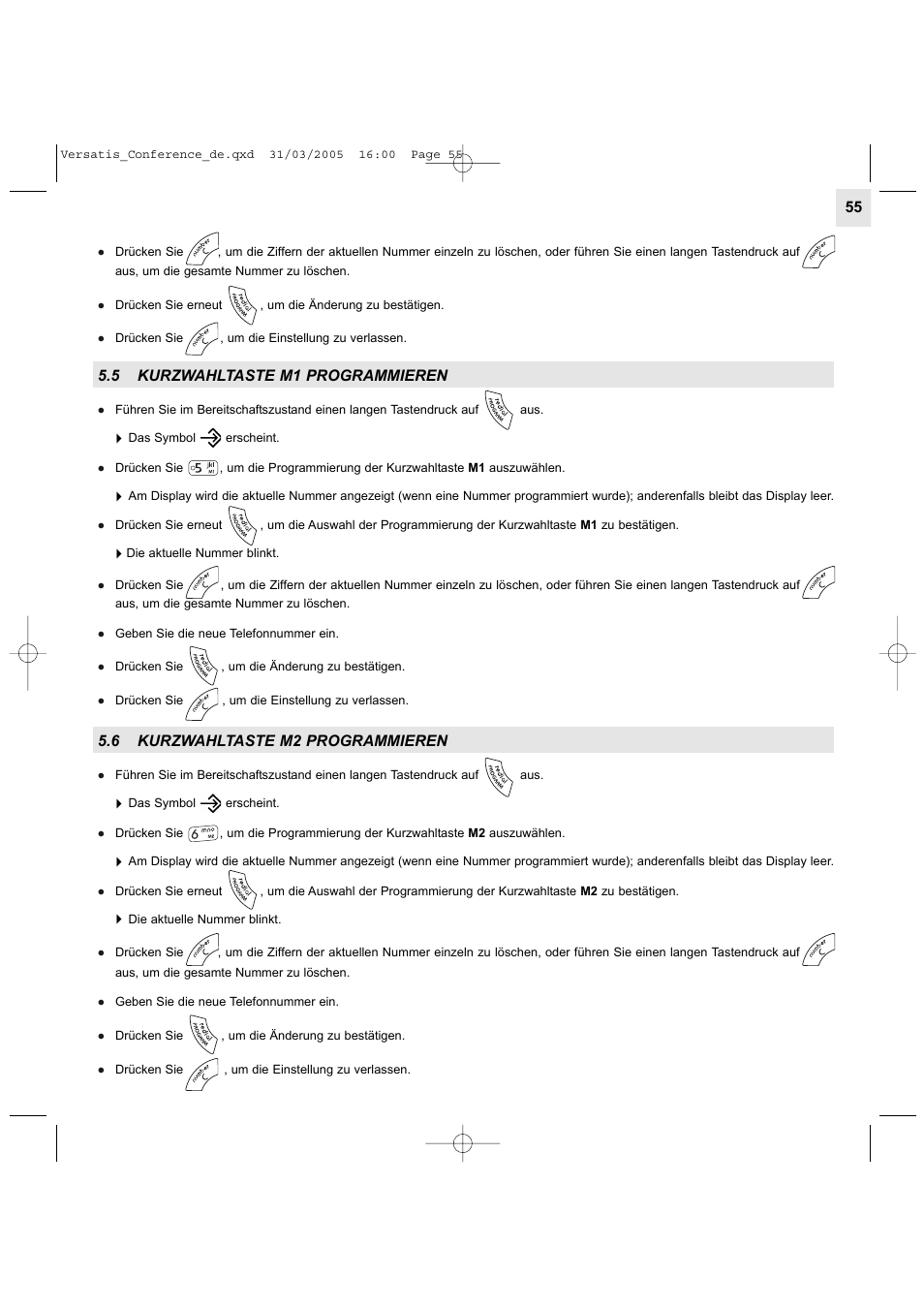 5 kurzwahltaste m1 programmieren, 6 kurzwahltaste m2 programmieren | Alcatel Carrier Internetworking Solutions Versatis Conference Phone User Manual | Page 55 / 144