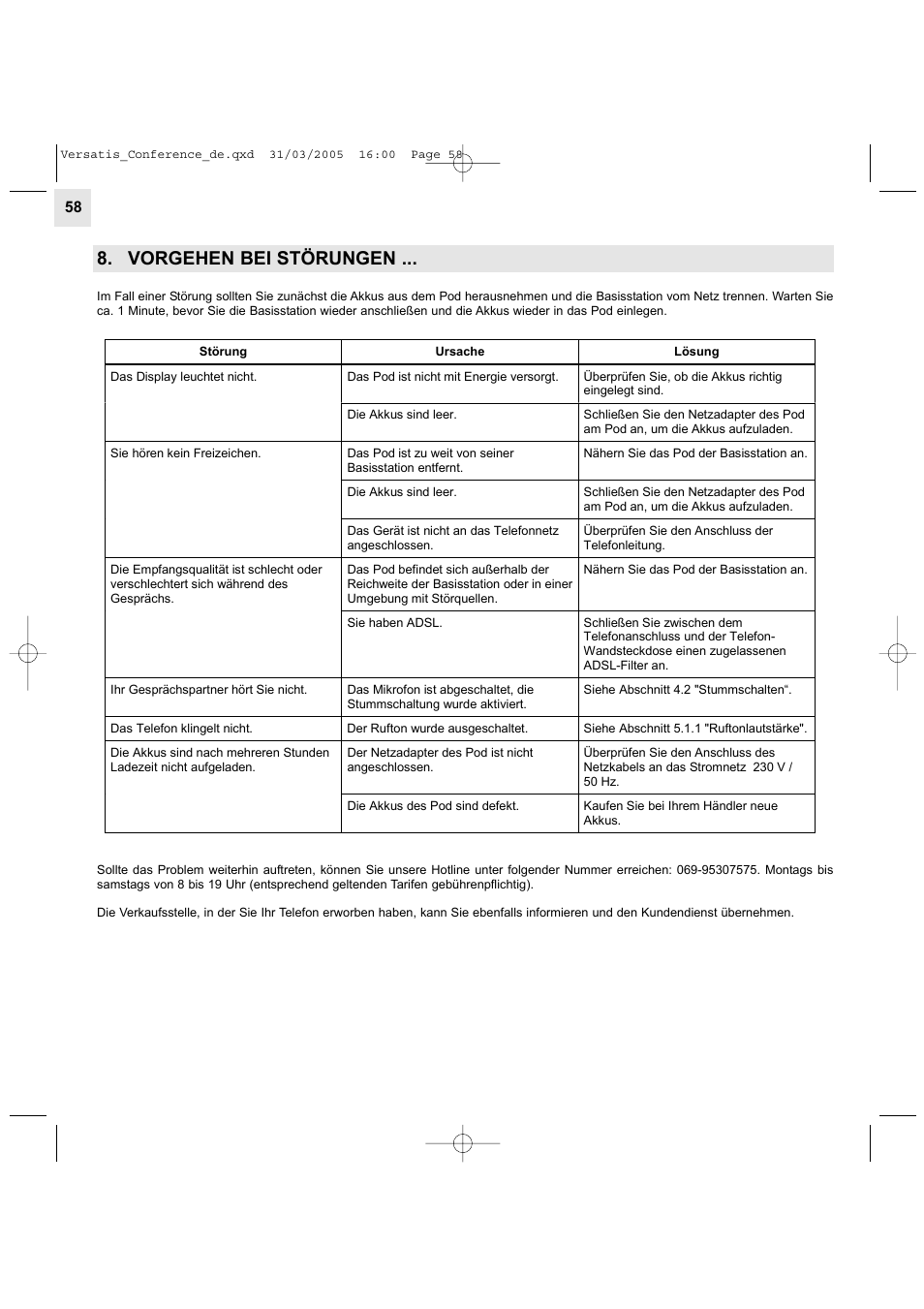 Vorgehen bei störungen | Alcatel Carrier Internetworking Solutions Versatis Conference Phone User Manual | Page 58 / 144