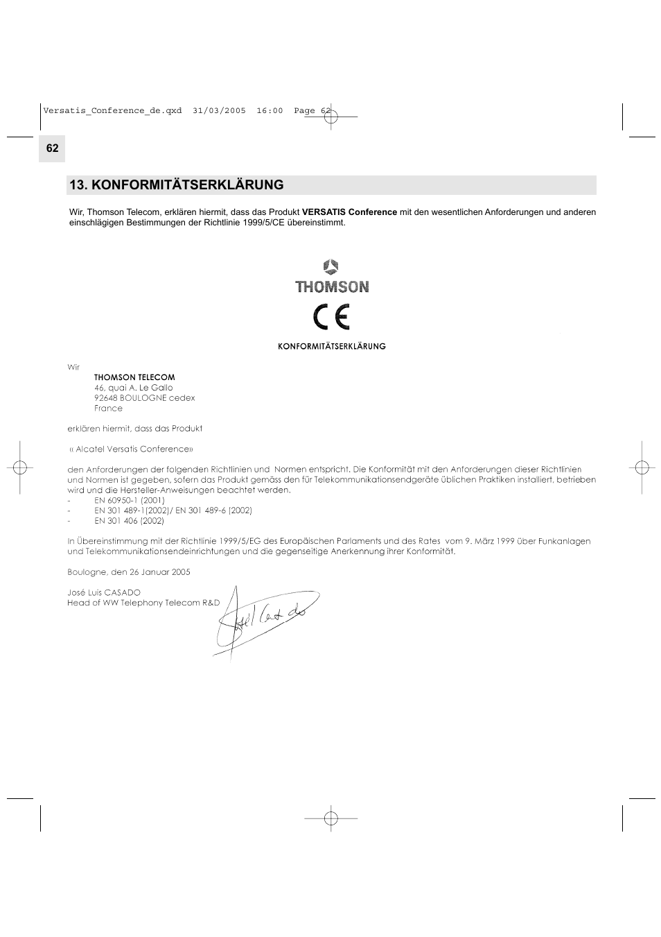 Konformitätserklärung | Alcatel Carrier Internetworking Solutions Versatis Conference Phone User Manual | Page 62 / 144