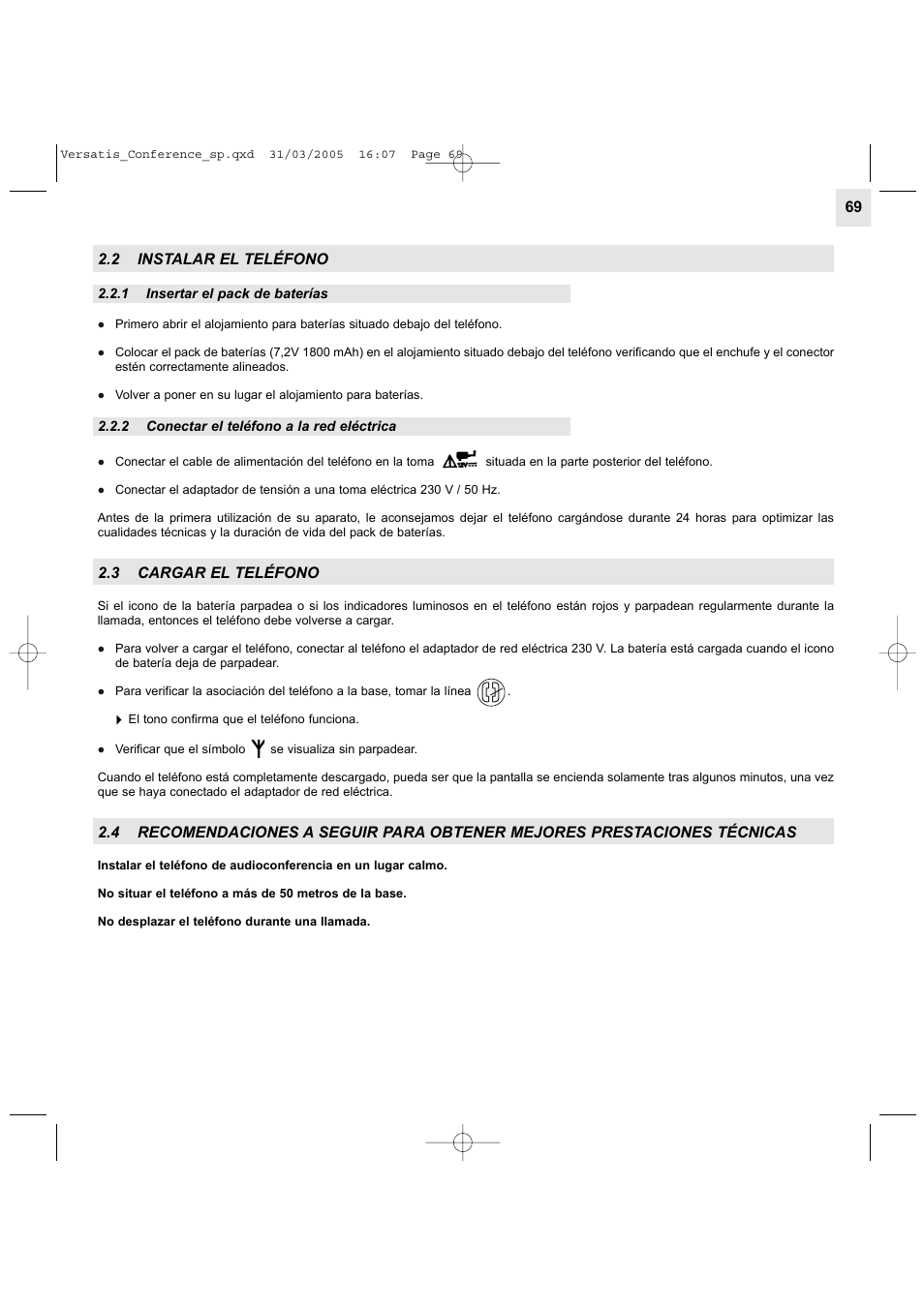 2 instalar el teléfono, 3 cargar el teléfono | Alcatel Carrier Internetworking Solutions Versatis Conference Phone User Manual | Page 69 / 144