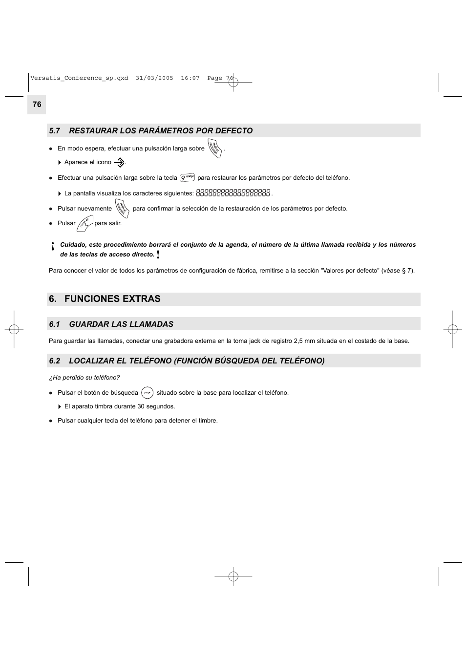 Funciones extras | Alcatel Carrier Internetworking Solutions Versatis Conference Phone User Manual | Page 76 / 144