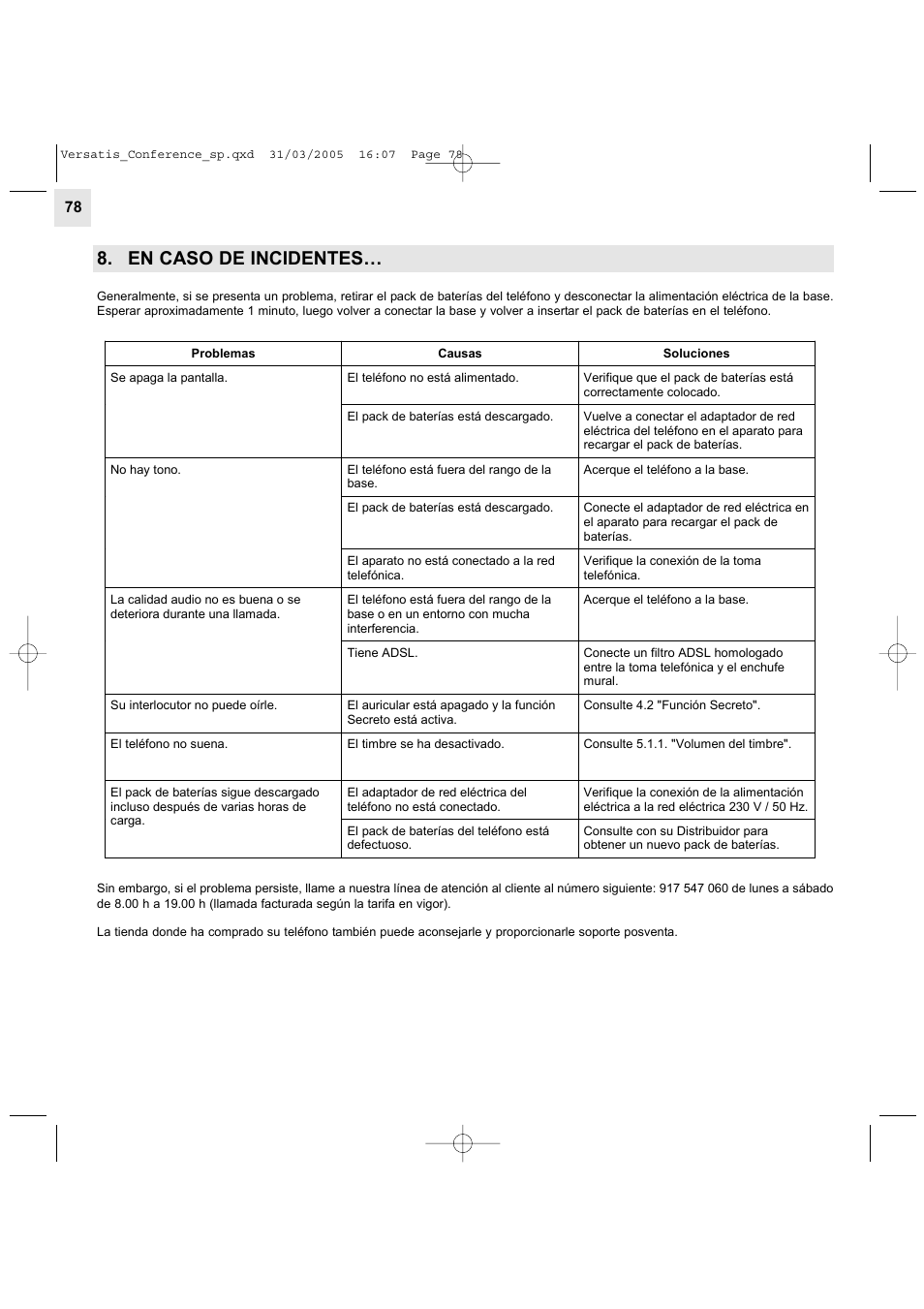 En caso de incidentes | Alcatel Carrier Internetworking Solutions Versatis Conference Phone User Manual | Page 78 / 144