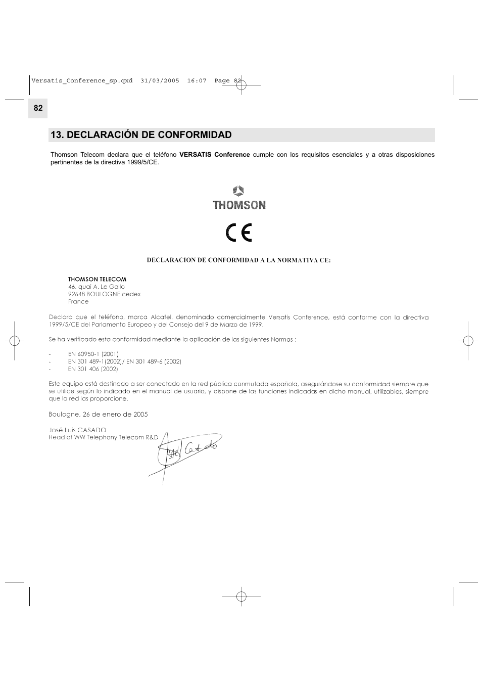 Declaración de conformidad | Alcatel Carrier Internetworking Solutions Versatis Conference Phone User Manual | Page 82 / 144