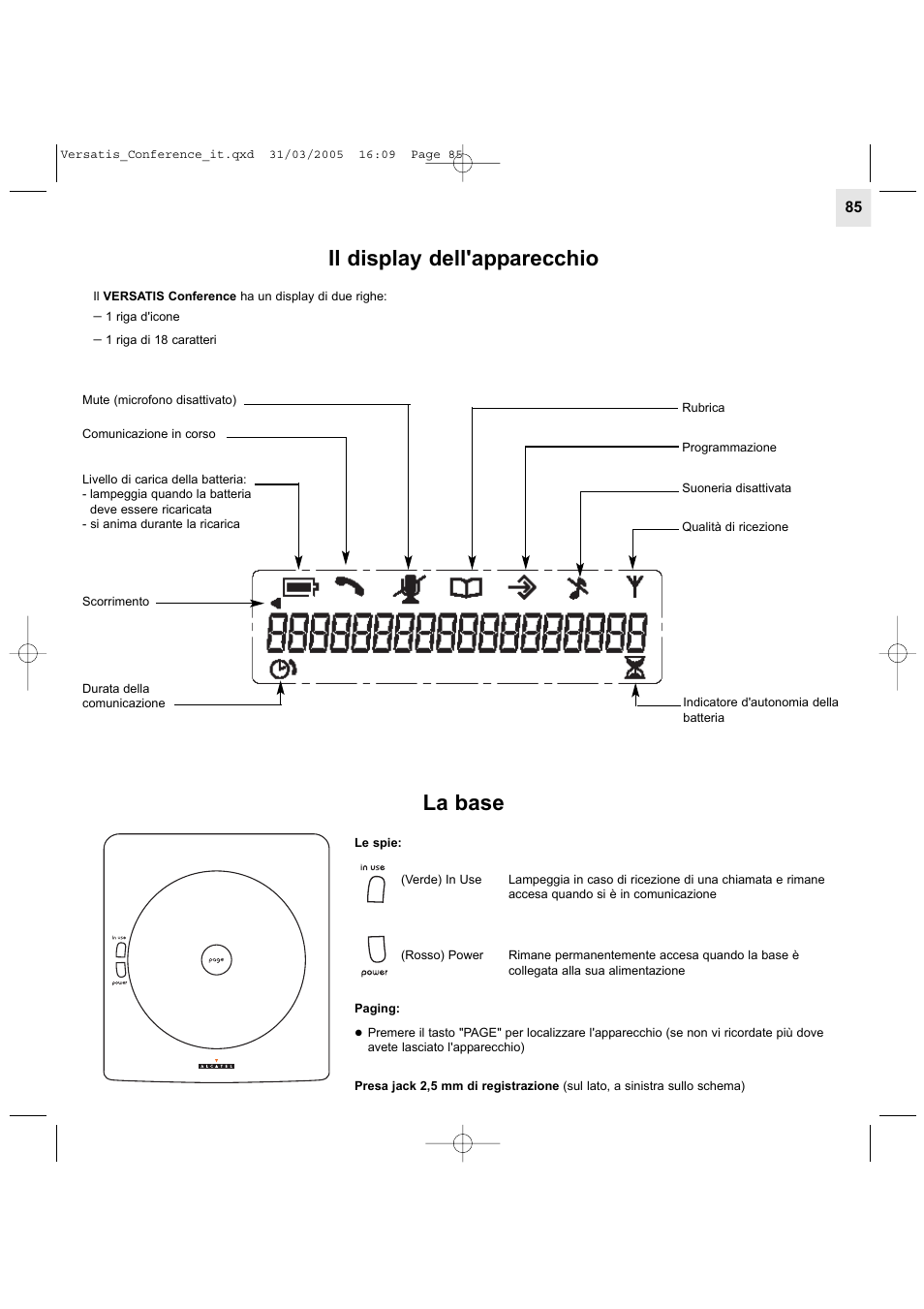 Il display dell'apparecchio, La base | Alcatel Carrier Internetworking Solutions Versatis Conference Phone User Manual | Page 85 / 144