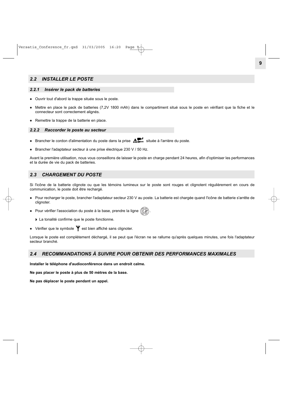 2 installer le poste, 3 chargement du poste | Alcatel Carrier Internetworking Solutions Versatis Conference Phone User Manual | Page 9 / 144