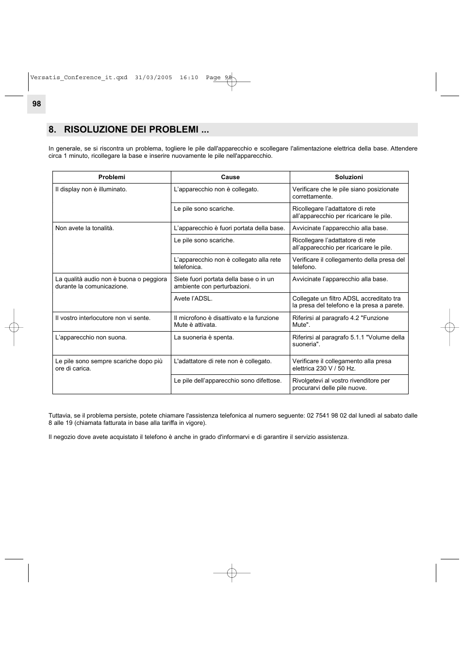 Risoluzione dei problemi | Alcatel Carrier Internetworking Solutions Versatis Conference Phone User Manual | Page 98 / 144