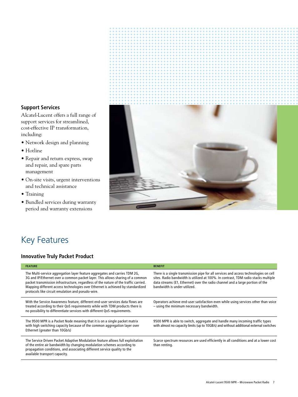 Key features, Support services, Innovative truly packet product | Alcatel Carrier Internetworking Solutions 9500 MPR User Manual | Page 7 / 8