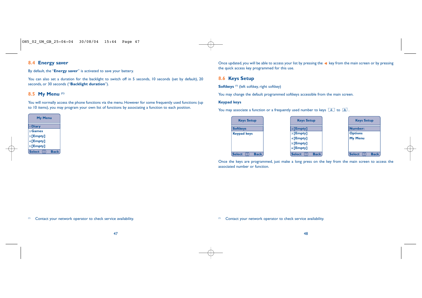 4 energy saver, 5 my menu, 6 keys setup | Alcatel Carrier Internetworking Solutions One Touch 835 User Manual | Page 25 / 45