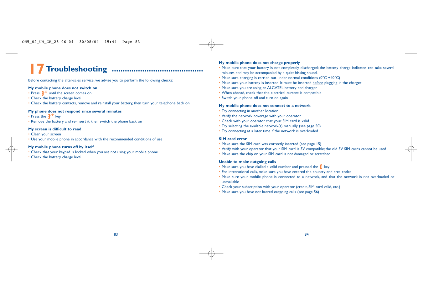 Troubleshooting | Alcatel Carrier Internetworking Solutions One Touch 835 User Manual | Page 43 / 45