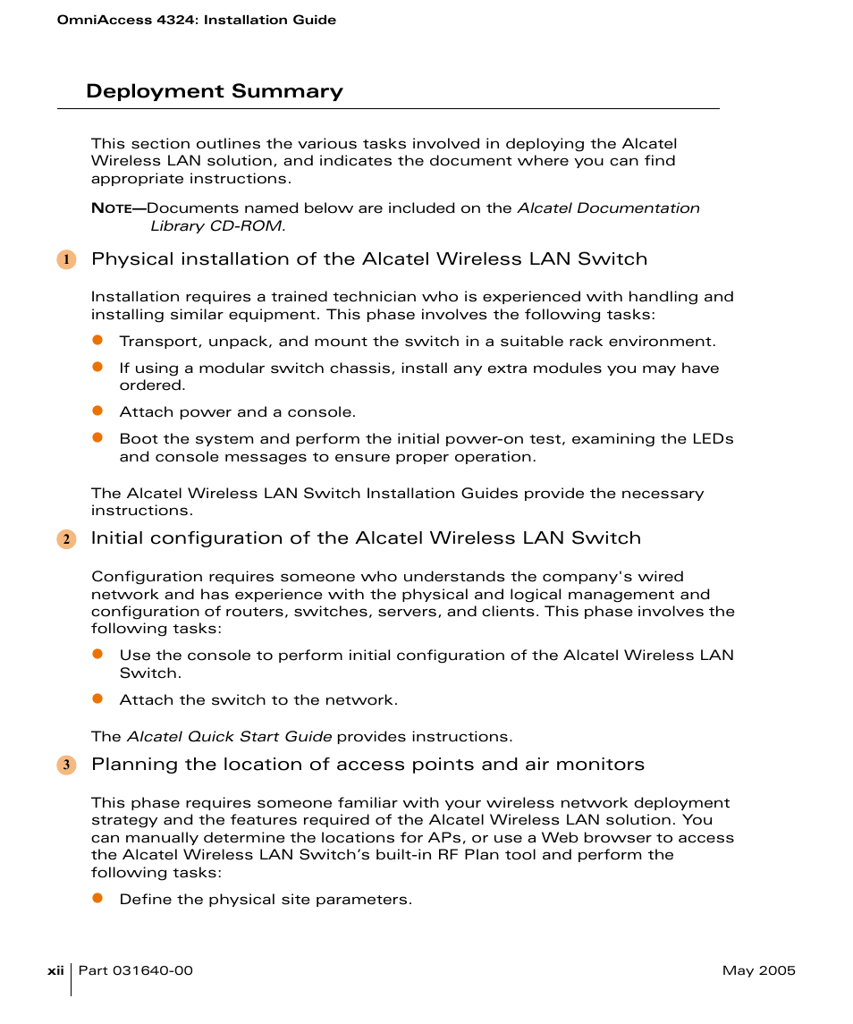 Deployment summary | Alcatel Carrier Internetworking Solutions Alcatel OmniAccess 4324 User Manual | Page 12 / 44