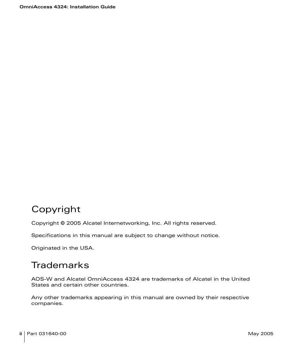 Copyright, Trademarks | Alcatel Carrier Internetworking Solutions Alcatel OmniAccess 4324 User Manual | Page 2 / 44