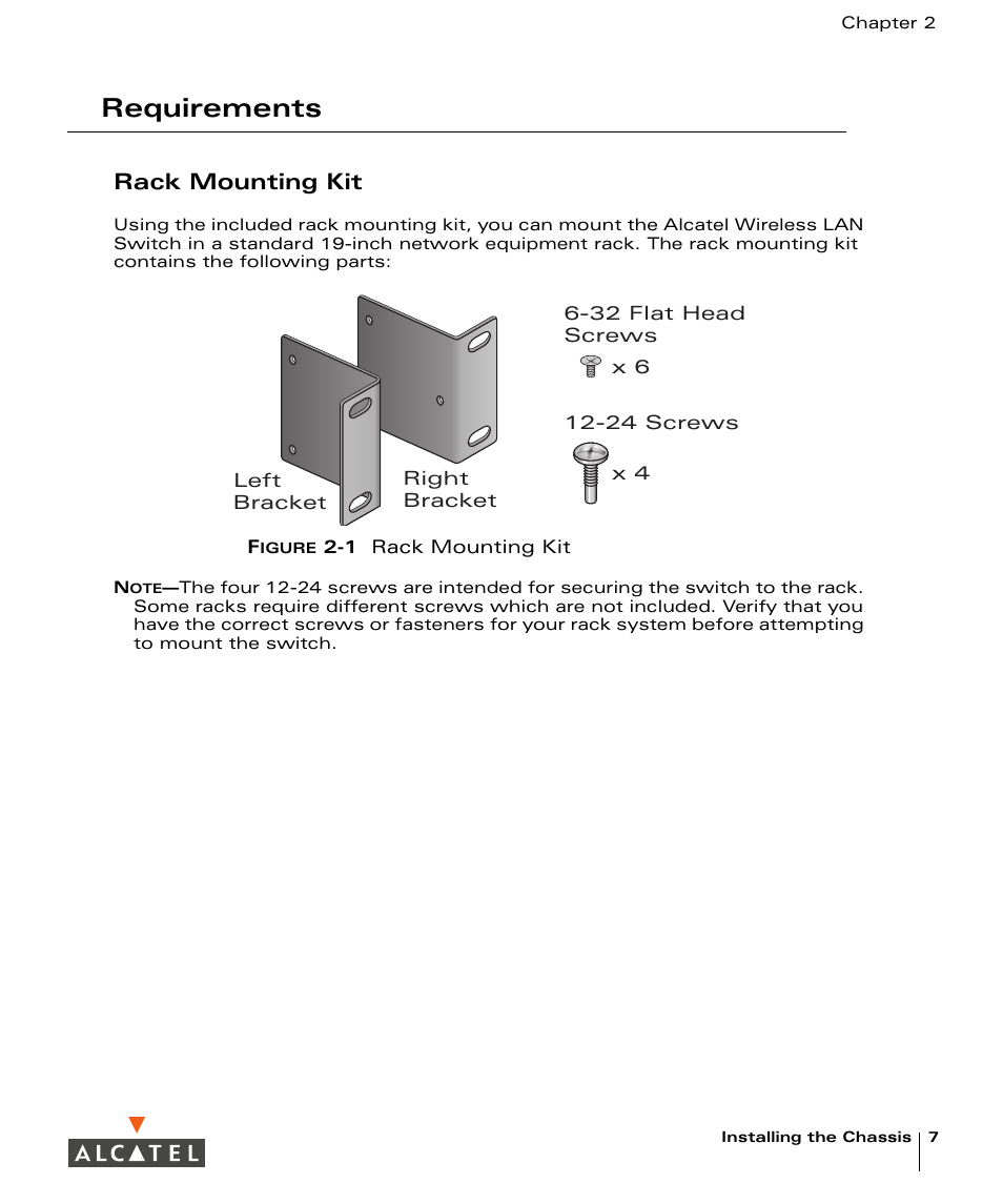 Requirements, Rack mounting kit | Alcatel Carrier Internetworking Solutions Alcatel OmniAccess 4324 User Manual | Page 21 / 44