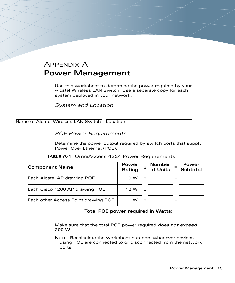 Power management, Appendix a, Poe power requirements | Apower management, Ppendix | Alcatel Carrier Internetworking Solutions Alcatel OmniAccess 4324 User Manual | Page 29 / 44