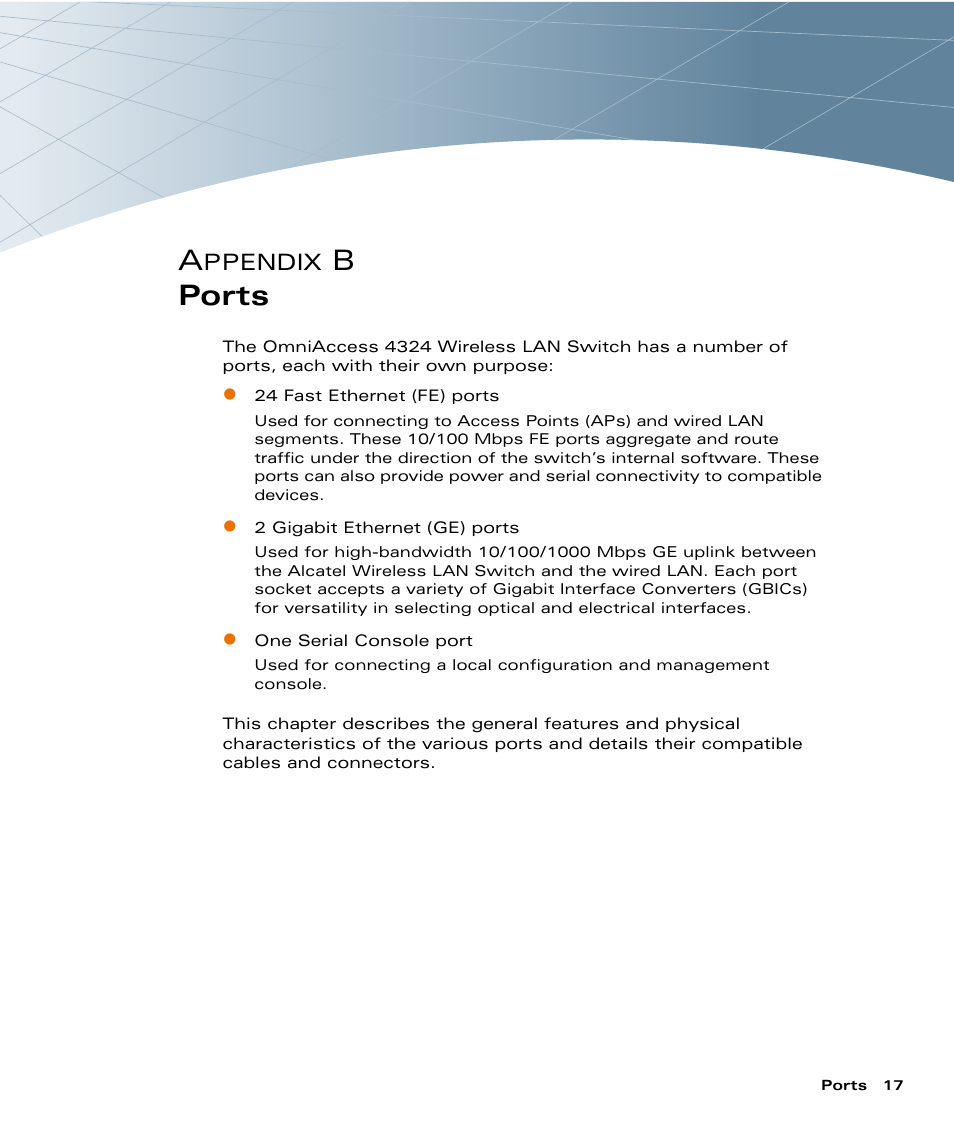 Ports, Appendix b, Bles (see | Bports, Ppendix | Alcatel Carrier Internetworking Solutions Alcatel OmniAccess 4324 User Manual | Page 31 / 44