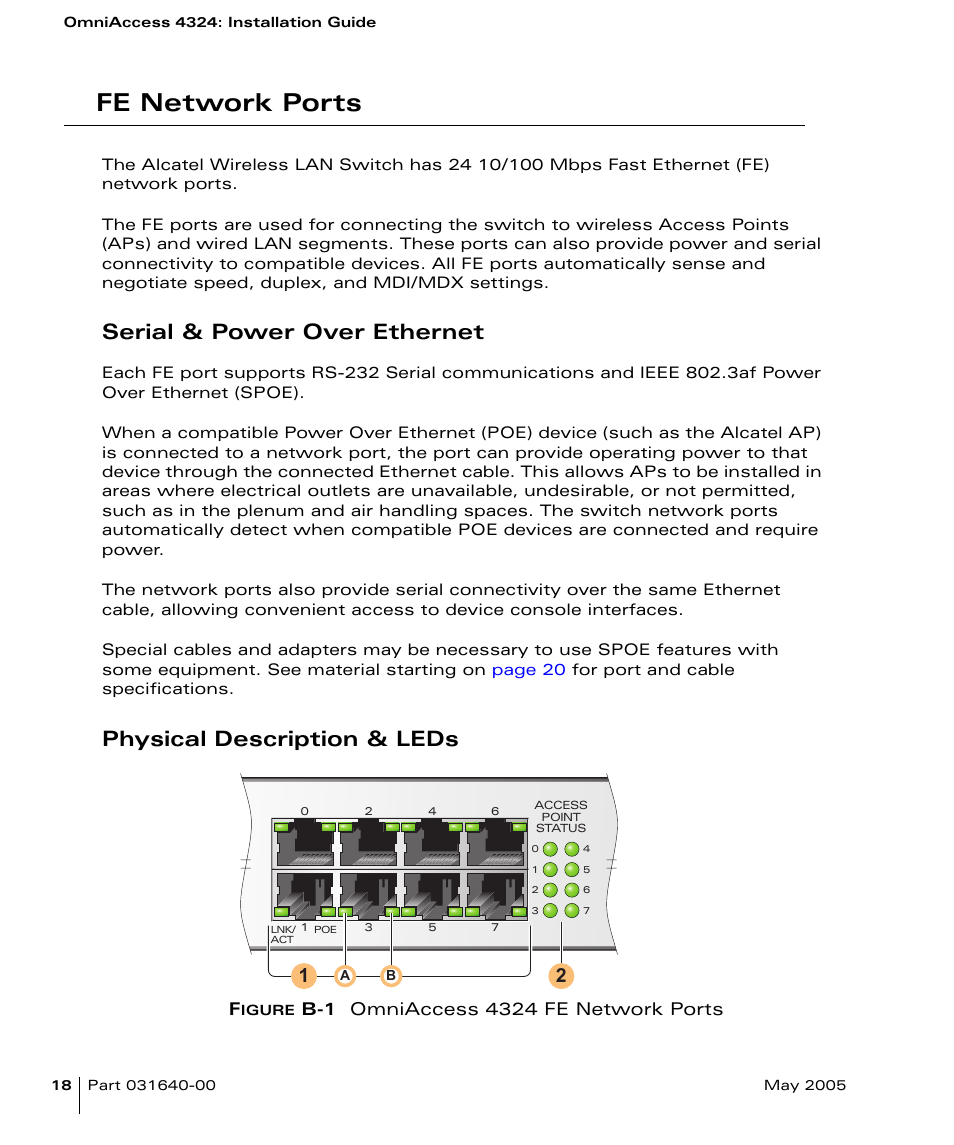 Fe network ports, Serial & power over ethernet, Physical description & leds | Alcatel Carrier Internetworking Solutions Alcatel OmniAccess 4324 User Manual | Page 32 / 44