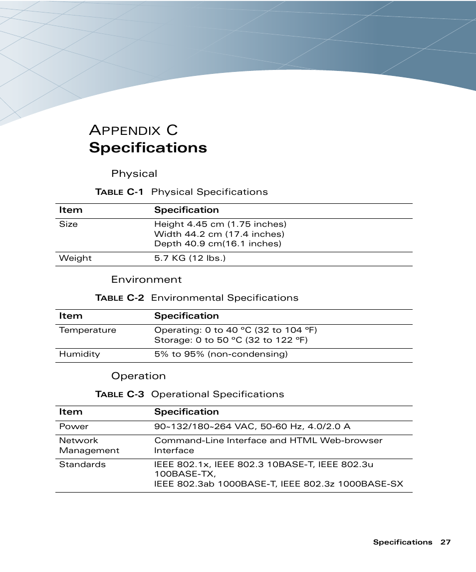 Specifications, Appendix c, Cspecifications | Ppendix | Alcatel Carrier Internetworking Solutions Alcatel OmniAccess 4324 User Manual | Page 41 / 44