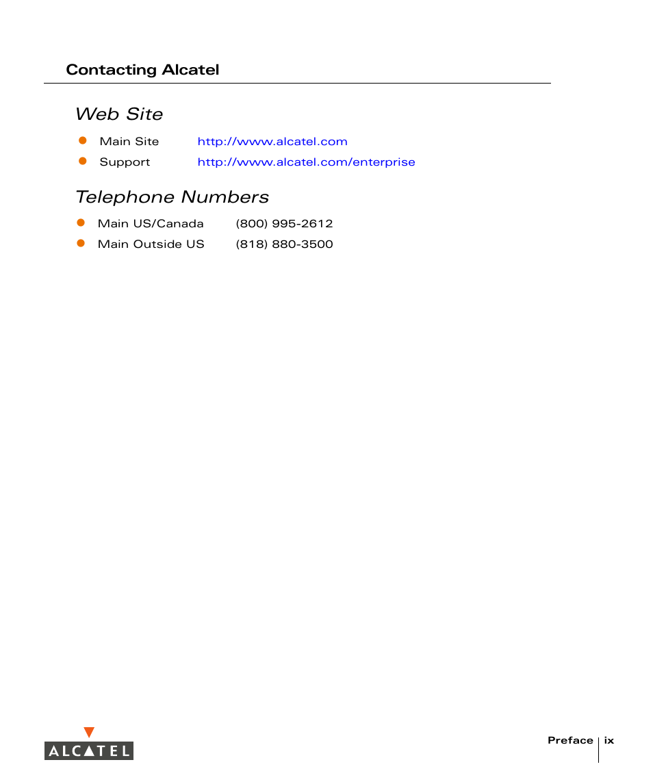 Contacting alcatel, Web site telephone numbers | Alcatel Carrier Internetworking Solutions Alcatel OmniAccess 4324 User Manual | Page 9 / 44