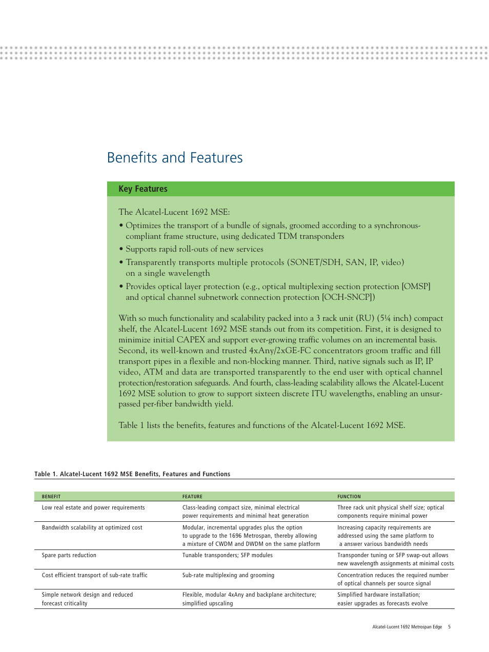 Benefits and features, Key features | Alcatel Carrier Internetworking Solutions Metrospan Edge 1692 User Manual | Page 5 / 12