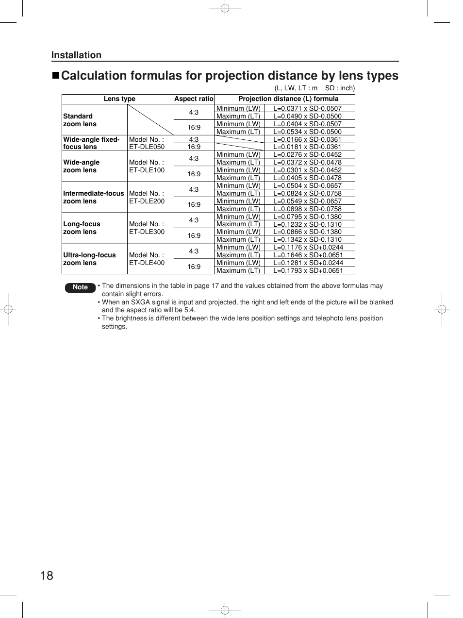 Installation | Panasonic PT-D4000E User Manual | Page 18 / 60