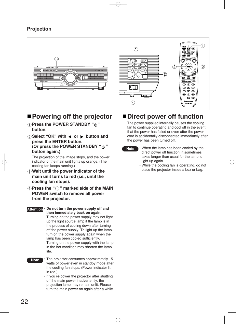 Powering off the projector, Direct power off function | Panasonic PT-D4000E User Manual | Page 22 / 60
