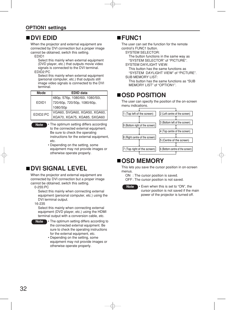 Dvi edid, Dvi signal level, Func1 | Osd position, Option1 settings | Panasonic PT-D4000E User Manual | Page 32 / 60