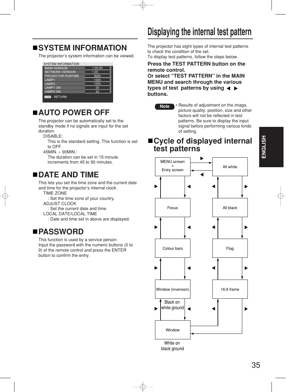 Displaying the internal test pattern, System information, Auto power off | Date and time, Password, Cycle of displayed internal test patterns | Panasonic PT-D4000E User Manual | Page 35 / 60