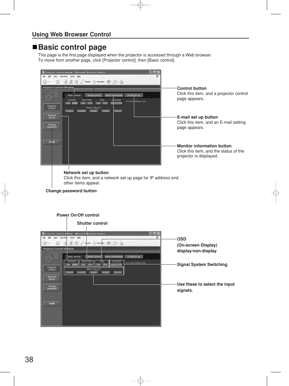 Basic control page | Panasonic PT-D4000E User Manual | Page 38 / 60