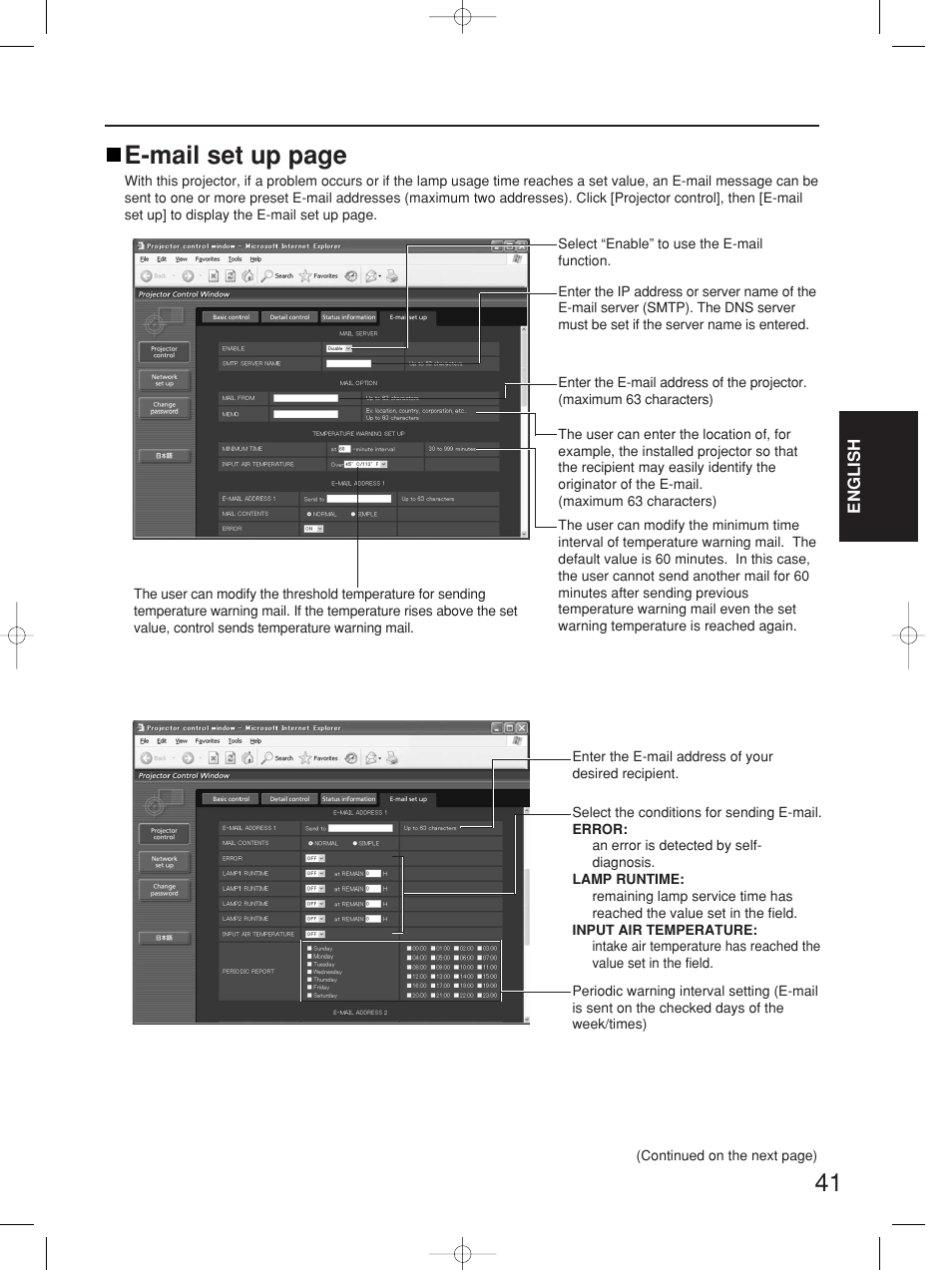 E-mail set up page | Panasonic PT-D4000E User Manual | Page 41 / 60