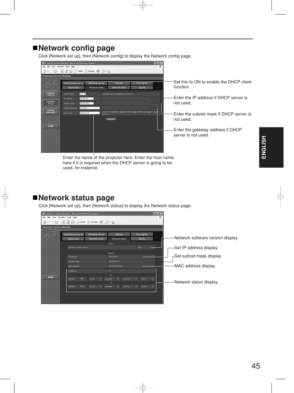 Network config page, Network status page | Panasonic PT-D4000E User Manual | Page 45 / 60