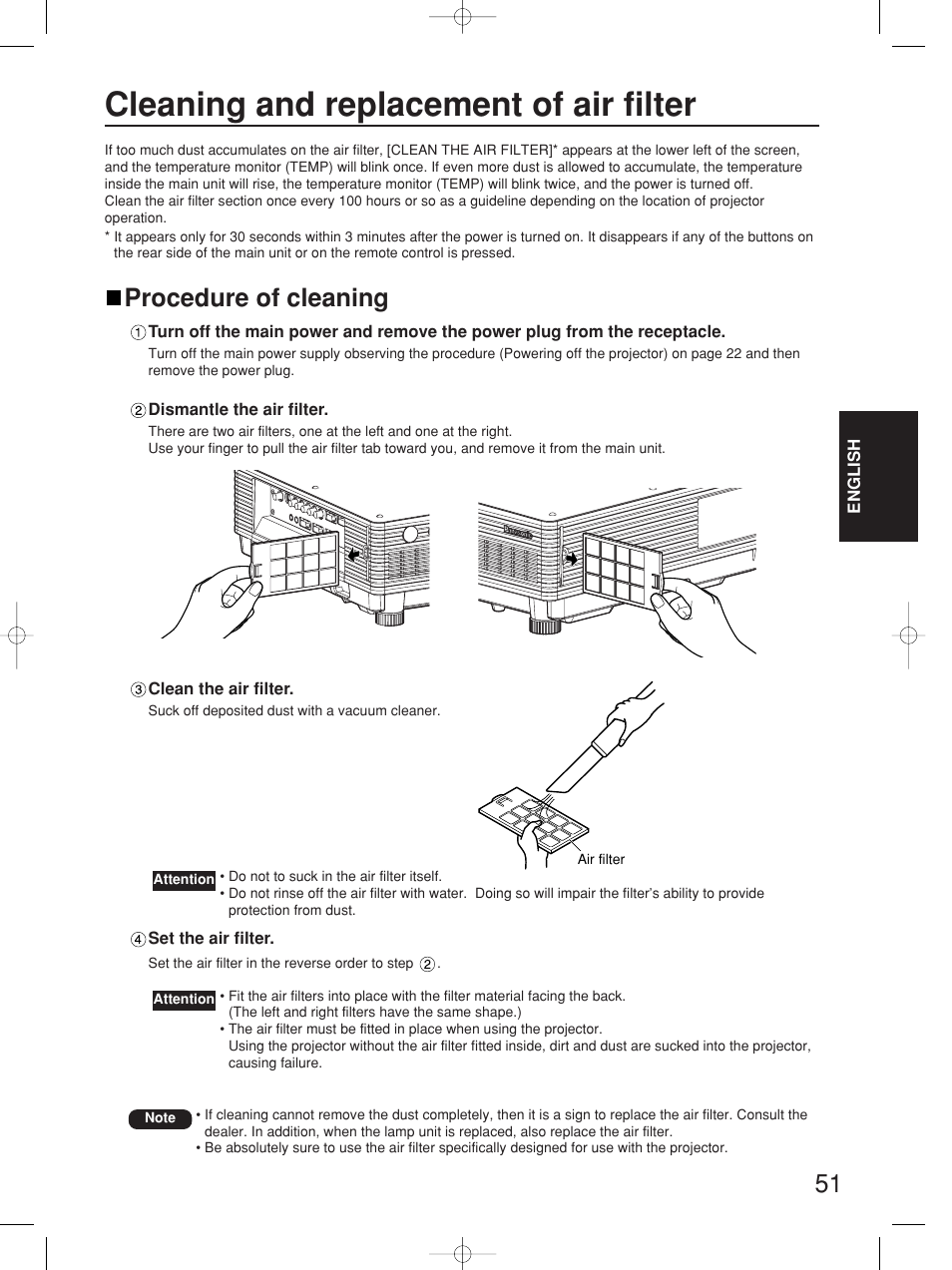 Cleaning and replacement of air filter, Procedure of cleaning | Panasonic PT-D4000E User Manual | Page 51 / 60
