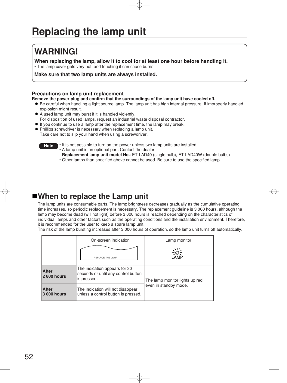 Replacing the lamp unit, Warning, When to replace the lamp unit | Panasonic PT-D4000E User Manual | Page 52 / 60