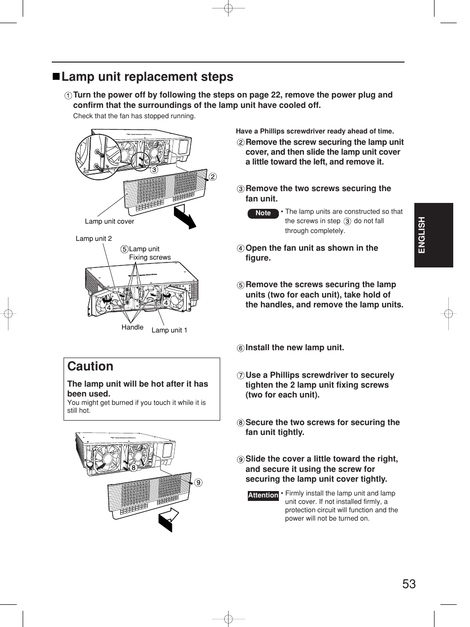 Lamp unit replacement steps, Caution | Panasonic PT-D4000E User Manual | Page 53 / 60