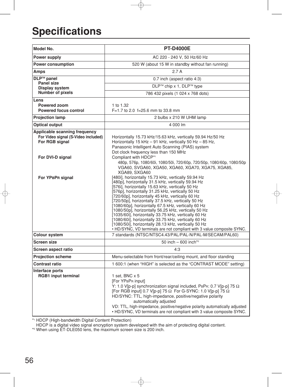 Specifications | Panasonic PT-D4000E User Manual | Page 56 / 60