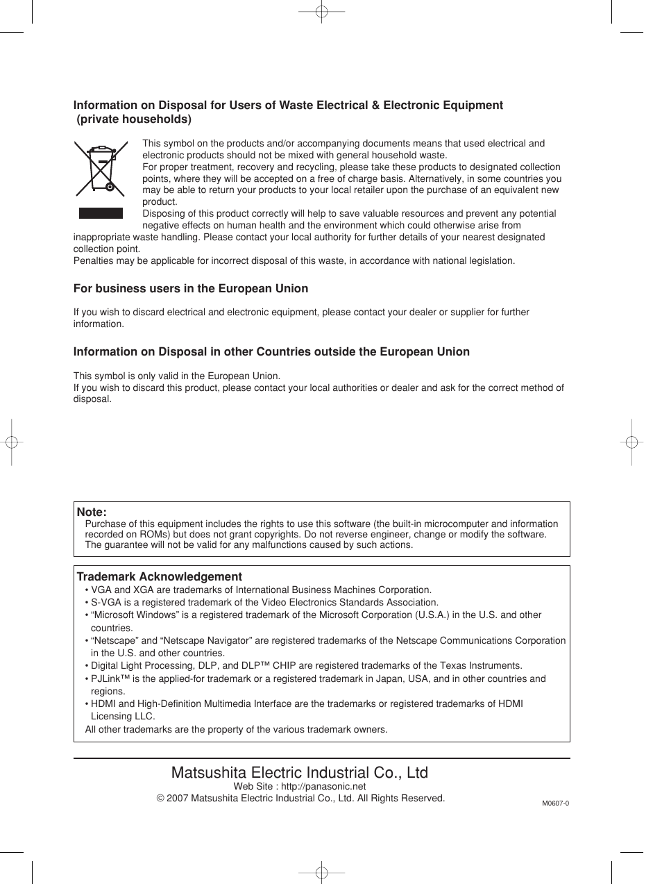 Matsushita electric industrial co., ltd | Panasonic PT-D4000E User Manual | Page 60 / 60