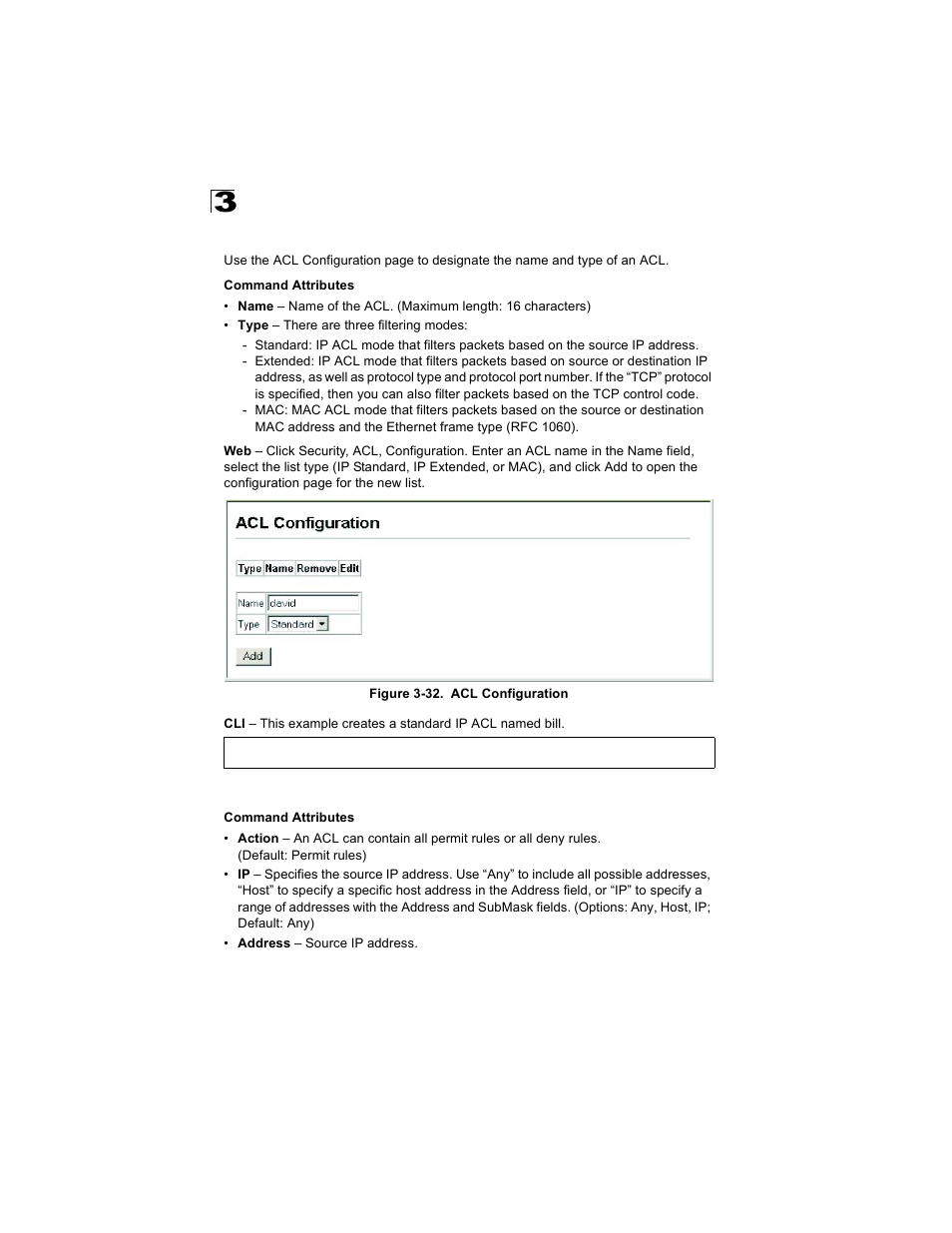 Setting the acl name and type, Configuring a standard ip acl, Figure 3-32. acl configuration | Alcatel Carrier Internetworking Solutions OmniStack 6300-24 User Manual | Page 102 / 462