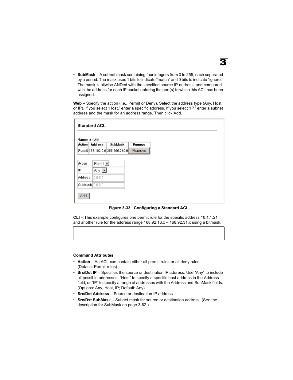 Configuring an extended ip acl, Figure 3-33. configuring a standard acl | Alcatel Carrier Internetworking Solutions OmniStack 6300-24 User Manual | Page 103 / 462