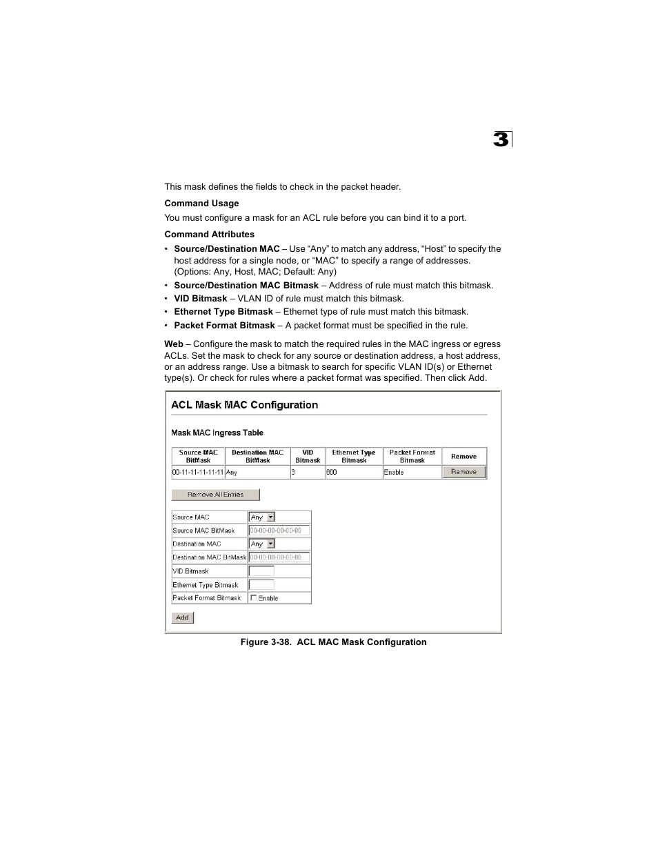 Configuring a mac acl mask, Figure 3-38. acl mac mask configuration | Alcatel Carrier Internetworking Solutions OmniStack 6300-24 User Manual | Page 111 / 462