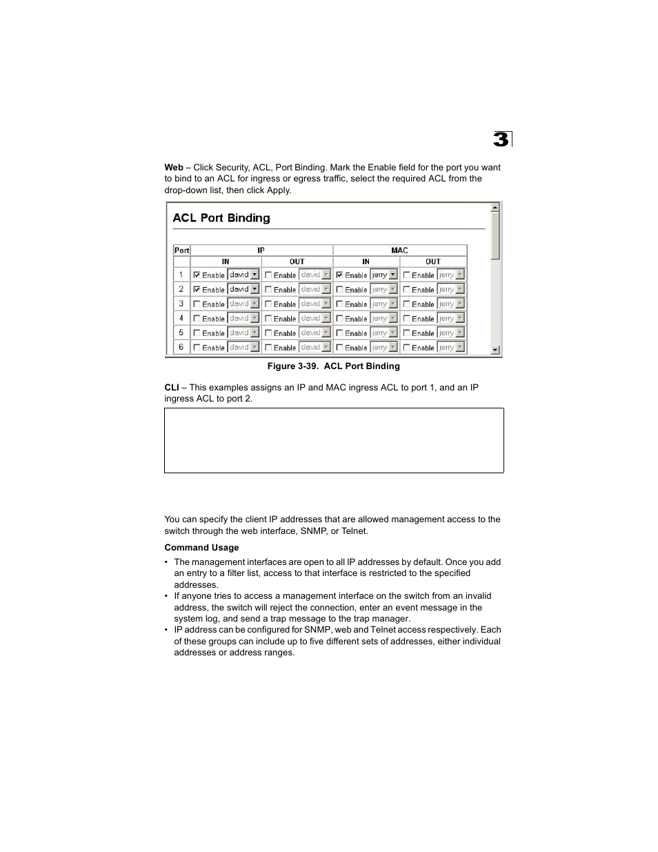 Filtering ip addresses for management access, Figure 3-39. acl port binding | Alcatel Carrier Internetworking Solutions OmniStack 6300-24 User Manual | Page 113 / 462