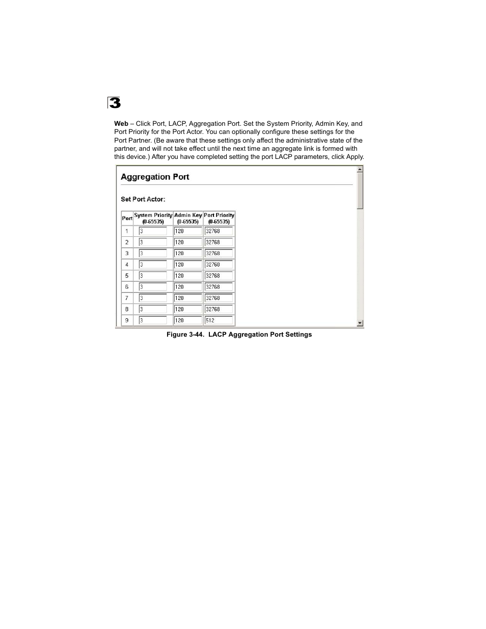 Figure 3-44. lacp aggregation port settings | Alcatel Carrier Internetworking Solutions OmniStack 6300-24 User Manual | Page 124 / 462