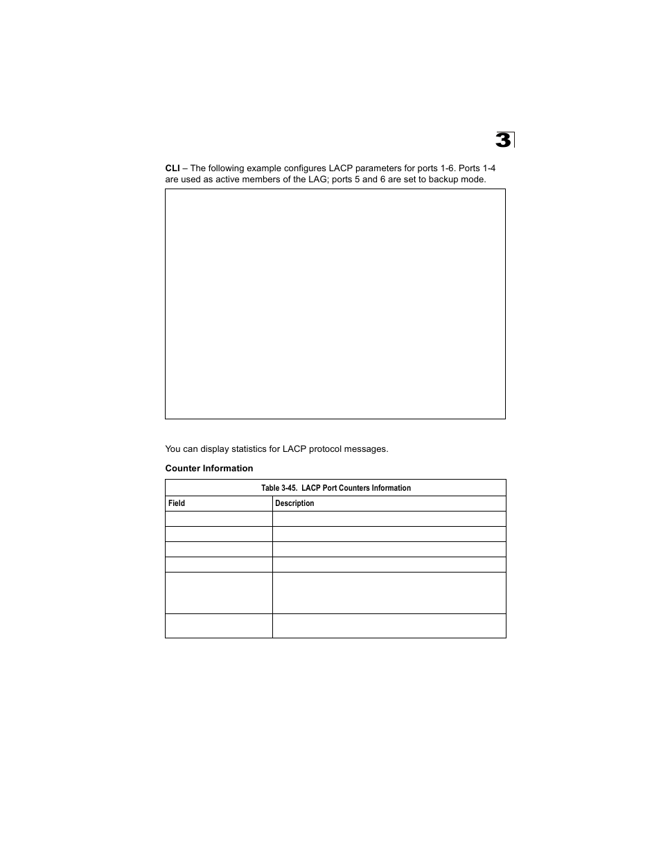 Displaying lacp port counters, Table 3-45, Lacp port counters information | Alcatel Carrier Internetworking Solutions OmniStack 6300-24 User Manual | Page 125 / 462