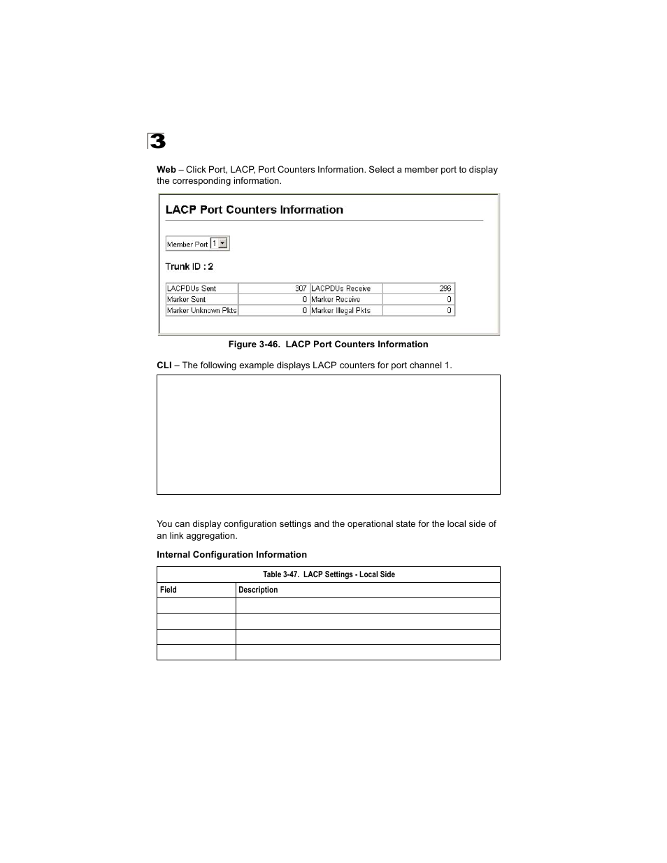 Table 3-47, Lacp settings - local side, Figure 3-46. lacp port counters information | Alcatel Carrier Internetworking Solutions OmniStack 6300-24 User Manual | Page 126 / 462