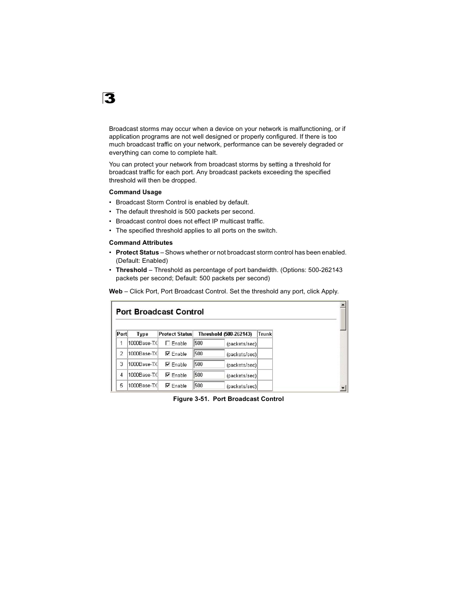 Setting broadcast storm thresholds, Figure 3-51. port broadcast control | Alcatel Carrier Internetworking Solutions OmniStack 6300-24 User Manual | Page 130 / 462