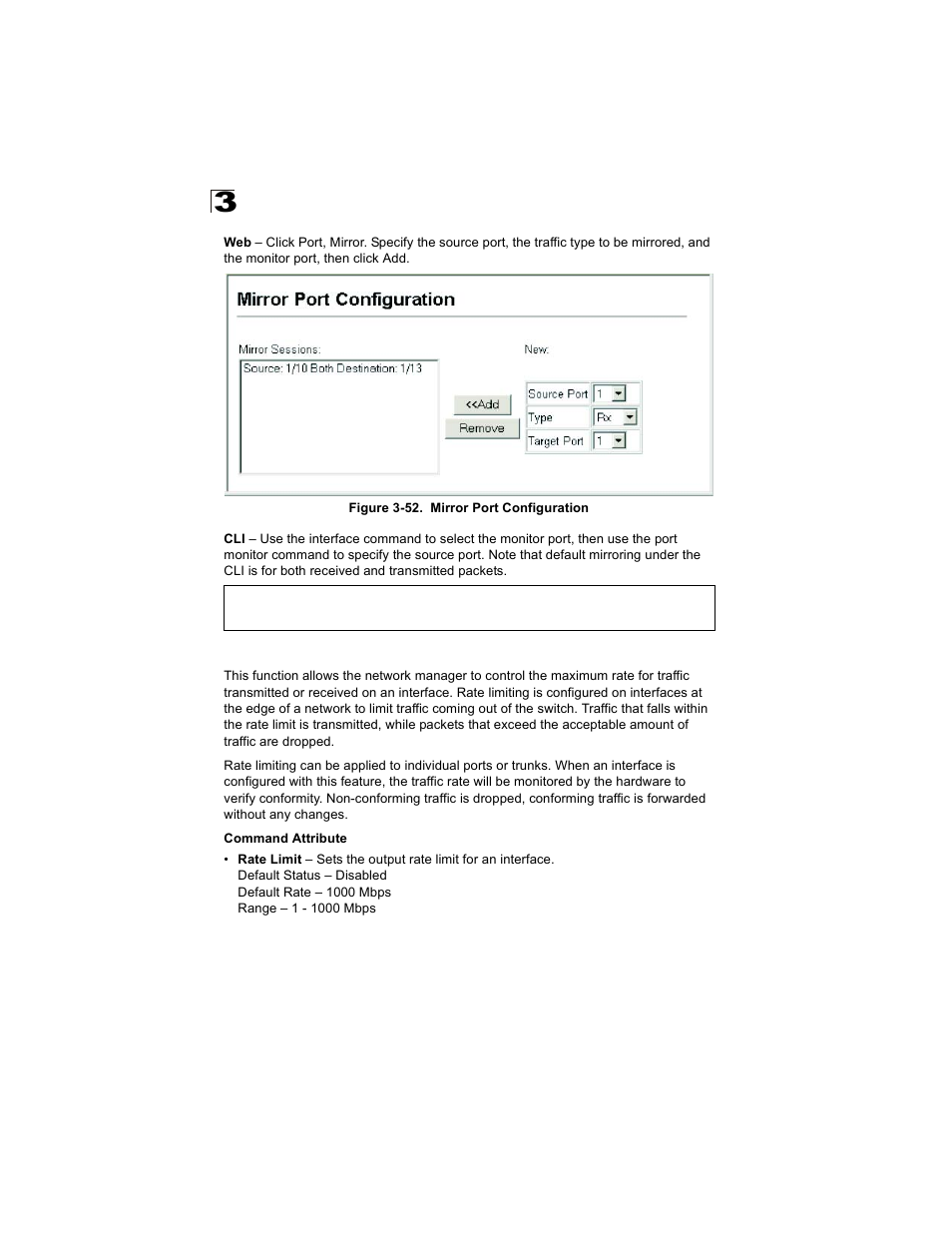 Configuring rate limits, Figure 3-52. mirror port configuration | Alcatel Carrier Internetworking Solutions OmniStack 6300-24 User Manual | Page 132 / 462