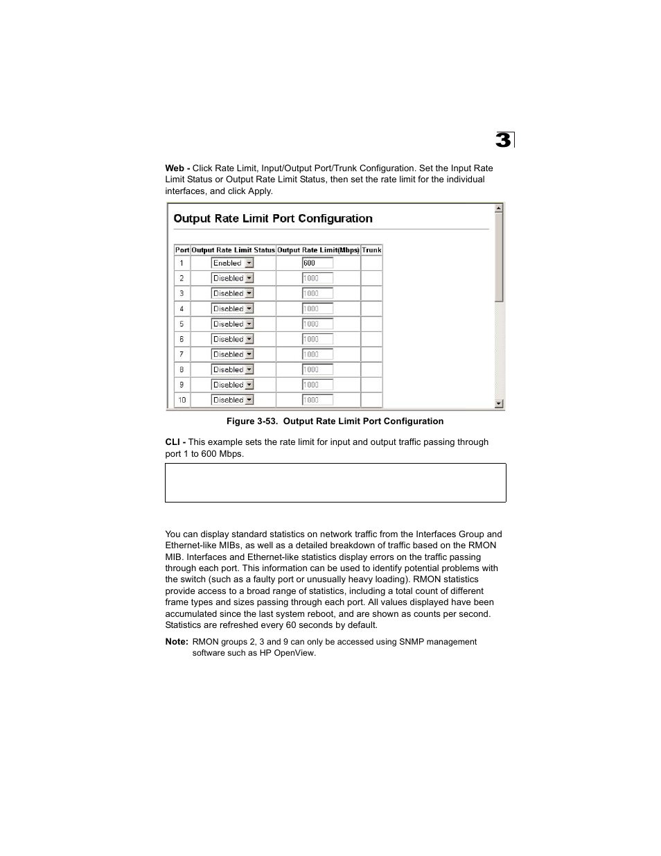 Showing port statistics, Figure 3-53. output rate limit port configuration | Alcatel Carrier Internetworking Solutions OmniStack 6300-24 User Manual | Page 133 / 462